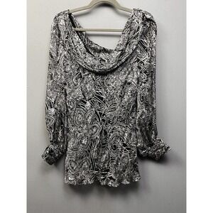 Jeanne Alexander Silk Blend Paisley Cowl‎ Neck Blouse Black White Womens Small